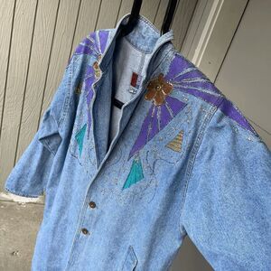 1980s Sunbelt Denim Trench Coat with Sparkly Puff Paint Embellishments M/L